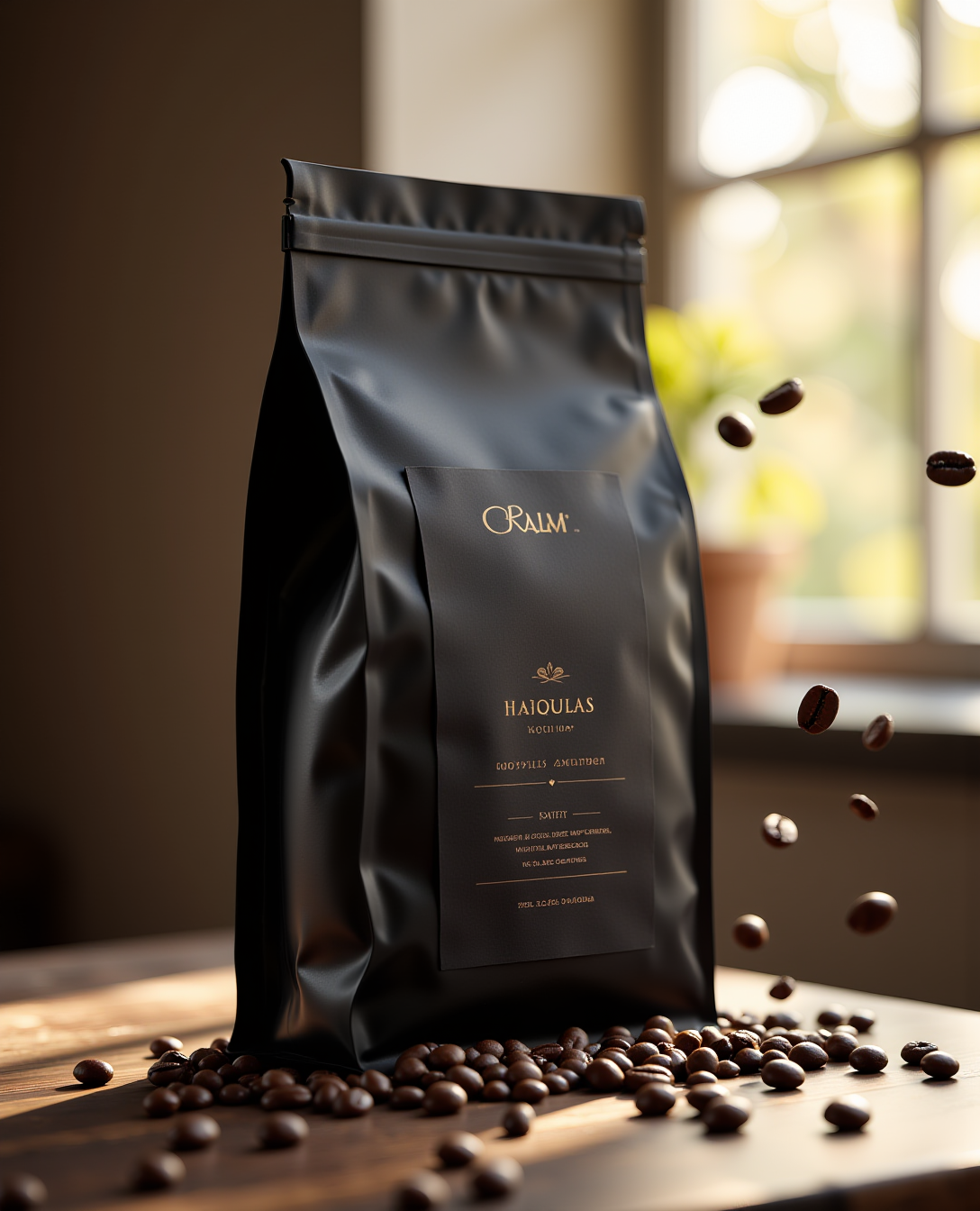 Empaque de café premium, renderizado con IA para marcas gastronómicas.