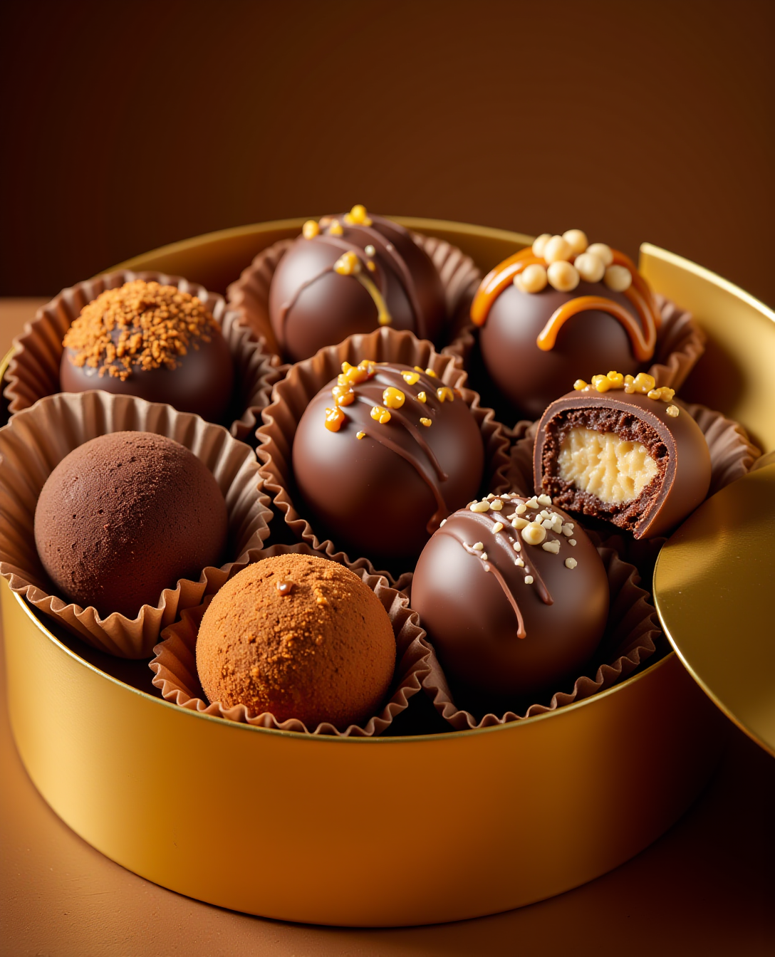 Chocolates en caja dorada, renderizados con IA. Perfecto para packaging premium o publicidad.