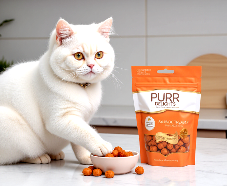 Gato generado por IA con snacks para mascotas, ejemplo de fotografía publicitaria para marcas pet.